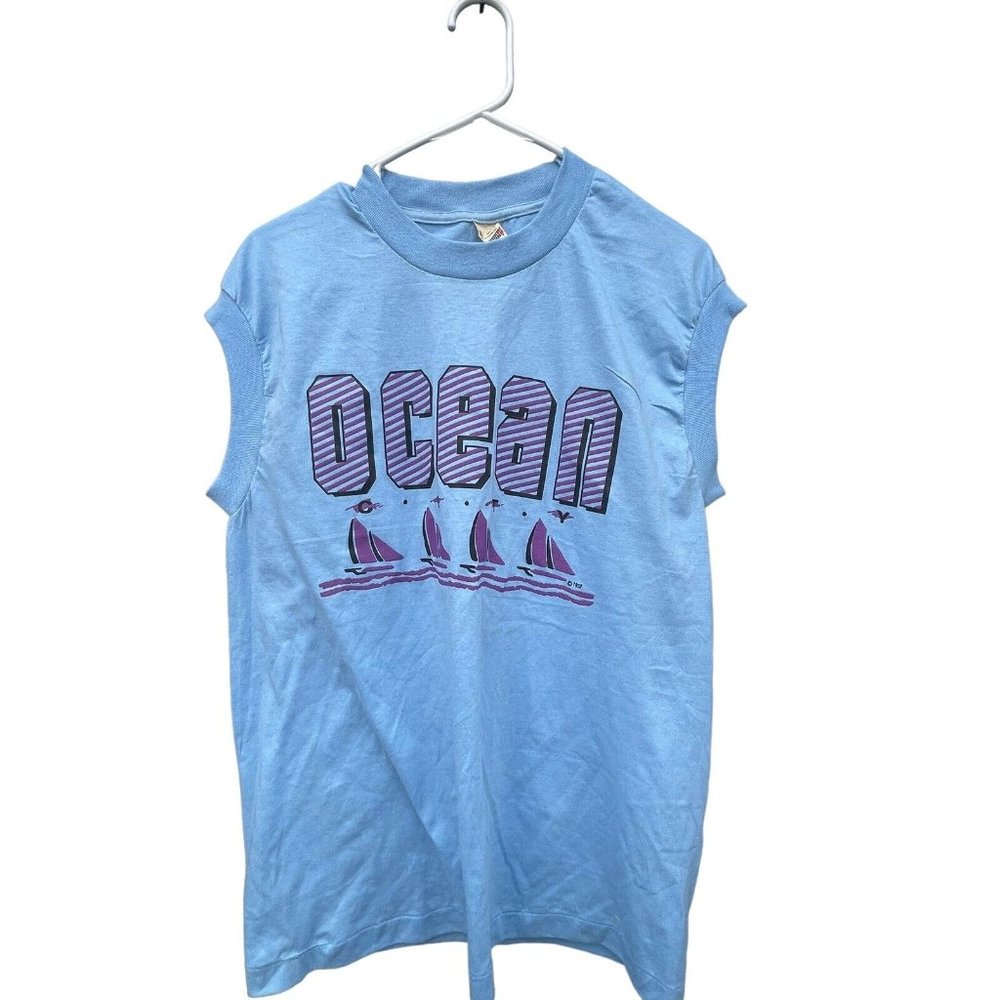 Vtg Ocean City T-Shirt L Screen Stars USA 90s Sleeveless Single Stitch Sailboats